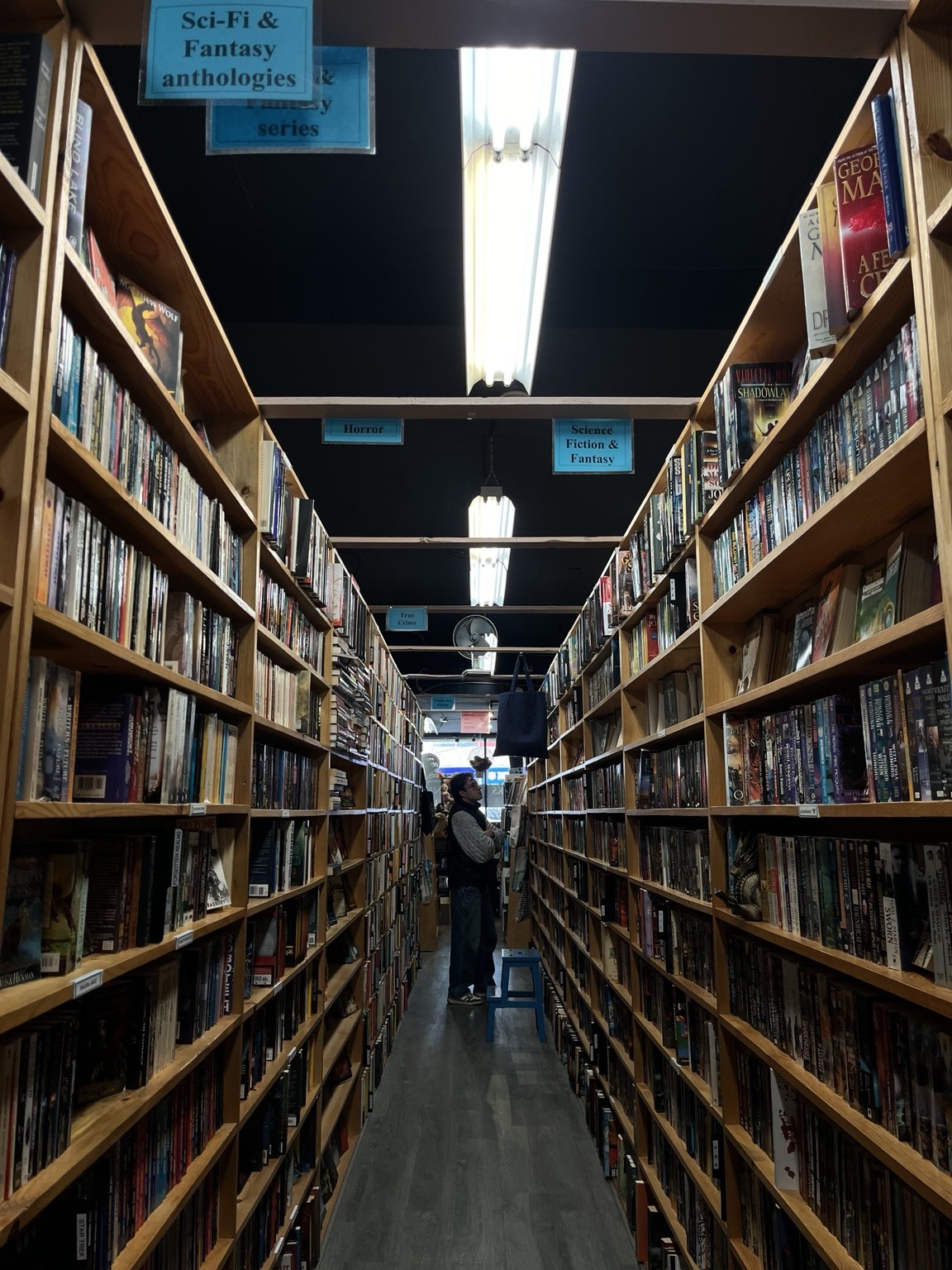 A long aisle of science fiction and fantasy books in a bookstore